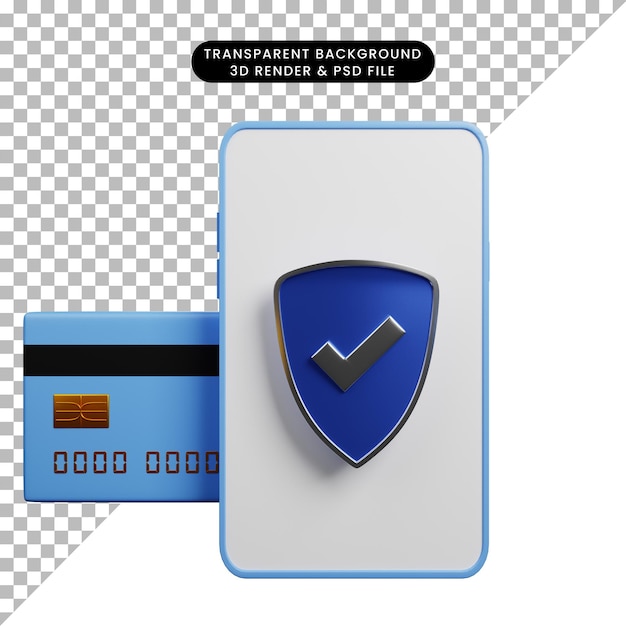 Ilustração 3d do conceito de pagamento para smartphone com lista de verificação de escudo e cartão de crédito