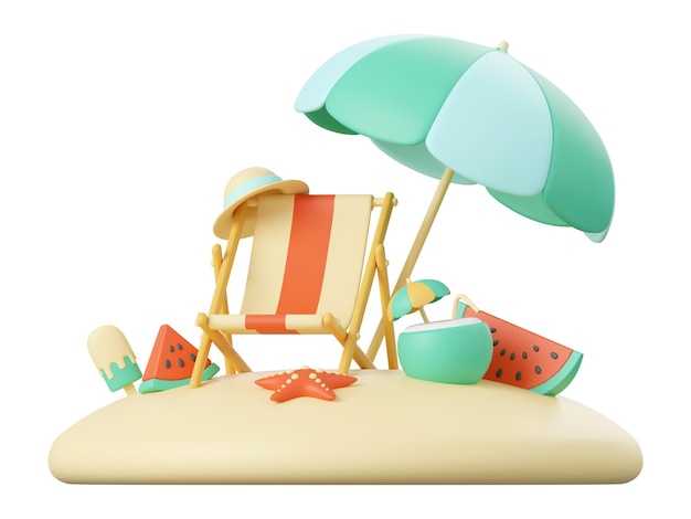 Ilustração 3D do conceito de verão Cadeira de praia Acessórios de praia de guarda-chuva verde