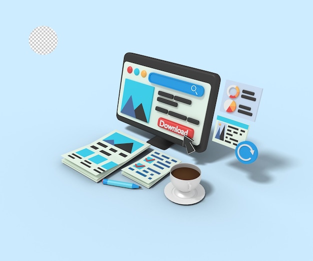 Ilustração 3D do desenvolvedor de imagens de download do site no computador