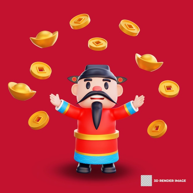 Ilustração 3D do Deus da Riqueza pose conceito de Ano Novo Chinês
