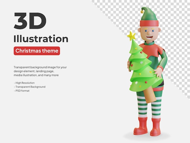 PSD ilustração 3d do duende segurando pinheiro de natal