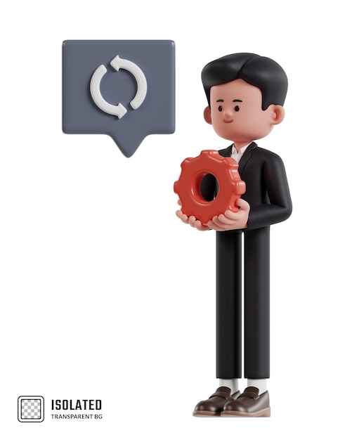 Ilustração 3d do empresário dos desenhos animados segurando a engrenagem vermelha gerenciando negócios