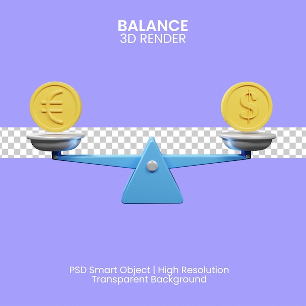 Ilustração 3D do equilíbrio monetário do dólar e do euro