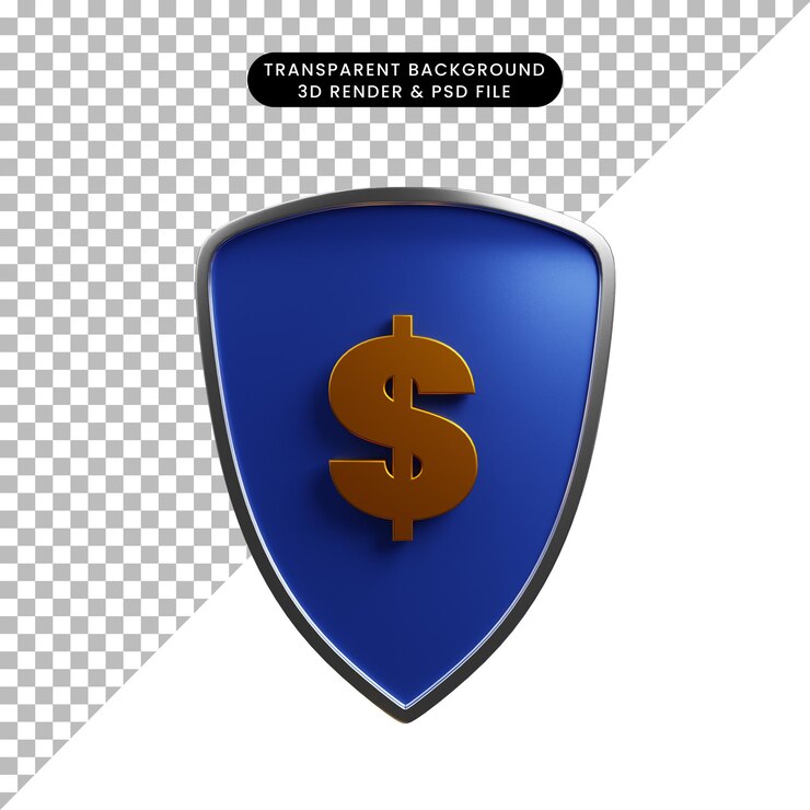 Ilustração 3D do escudo do conceito de pagamento com ícone de dólar