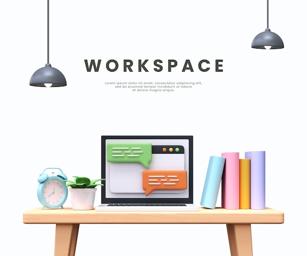 PSD ilustração 3d do espaço de trabalho laptop com livros planta em casa e despertador psd premium