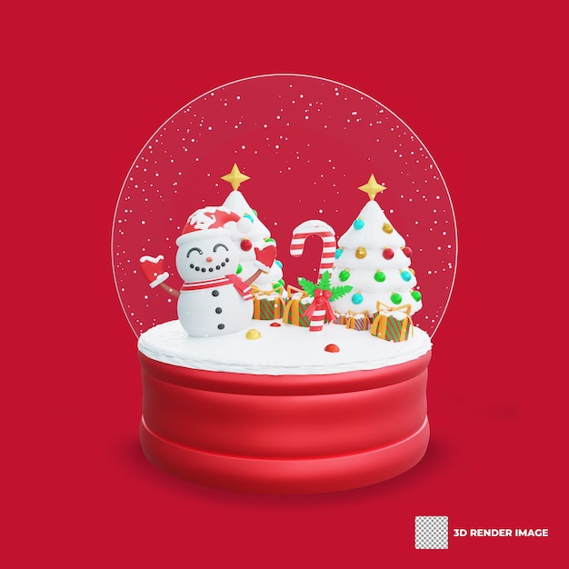 PSD ilustração 3d do globo de neve de natal com desenho de decoração de natal de boneco de neve e árvore