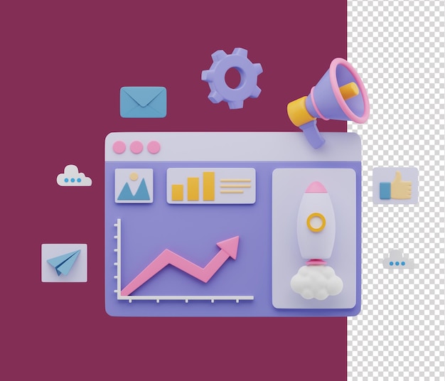 Ilustração 3d do gráfico de marketing digital
