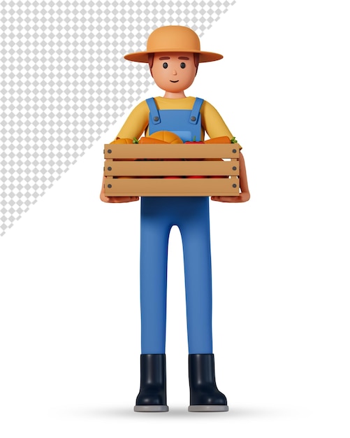 Ilustração 3d do homem jardineiro segura caixa de madeira cheia de legumes
