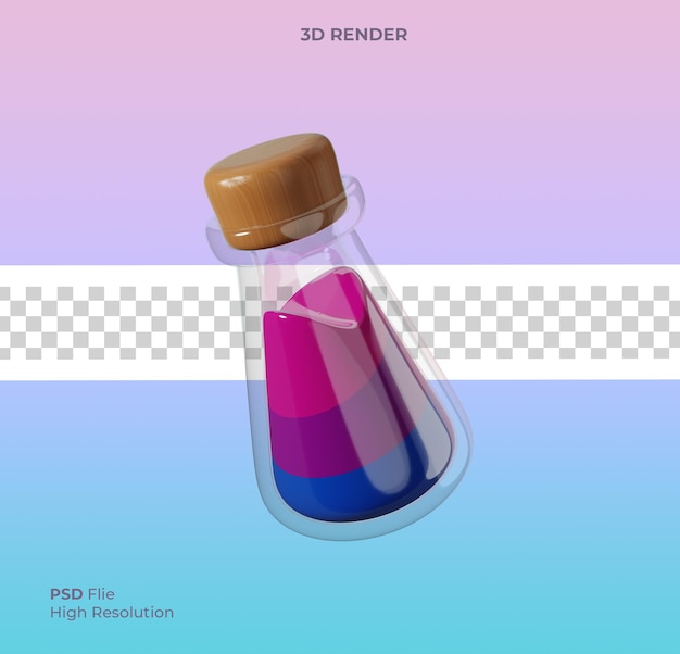 PSD ilustração 3d do ícone da poção do frasco do orgulho com cores bissexuais isoladas ícone do mês do orgulho