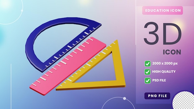 ilustração 3D do ícone de educação escolar da régua