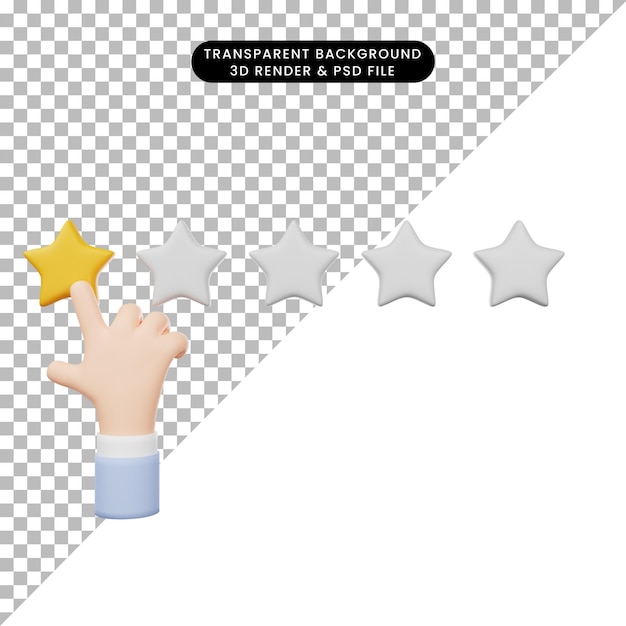 Ilustração 3D do ícone de estrela de toque de mão de feedback de avaliação renderização 3d