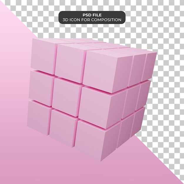 PSD ilustração 3d do ícone do cubo de rubik rosa