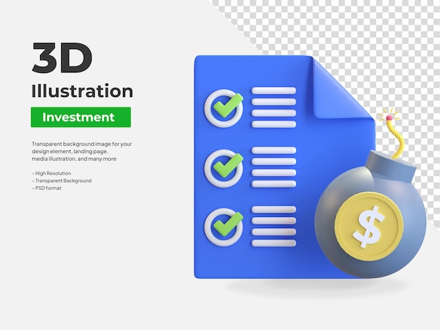 Ilustração 3d do ícone do portfólio de tempo de bomba de investimento