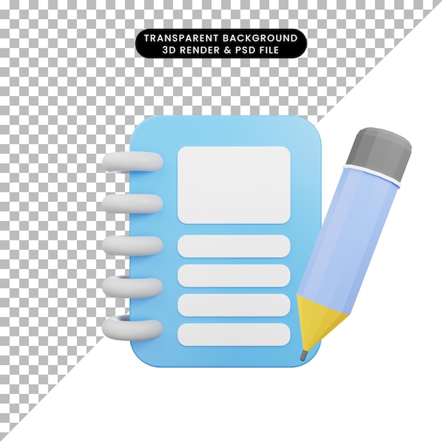 Ilustração 3d do lápis de caderno de ícone de nota 3d renderização