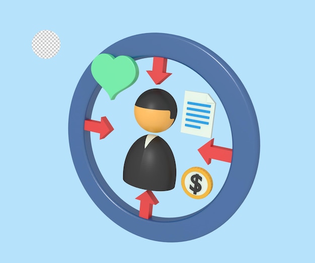 ilustração 3D do marketing de alvo de perfil