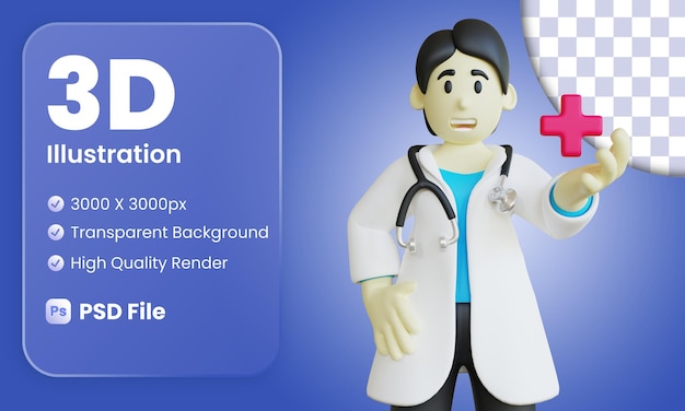 Ilustração 3d do médico com ícone de cura
