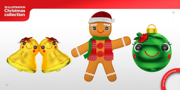 Ilustração 3d do natal para o sino do biscoito e a composição da bola