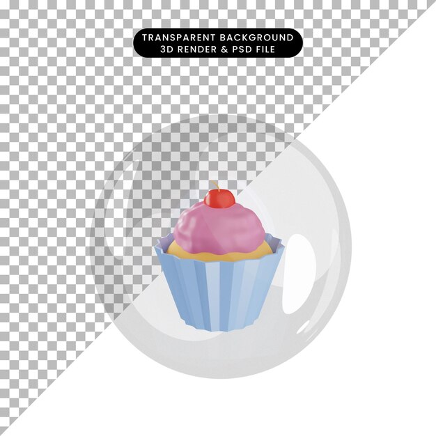 Ilustração 3d do objeto cupcake dentro das bolhas