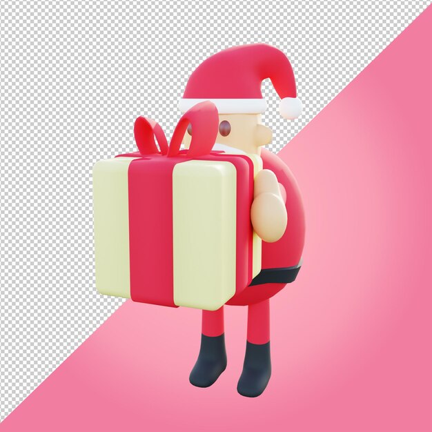 Ilustração 3d do papai noel segurando uma caixa de presente amarela para apresentação de natal