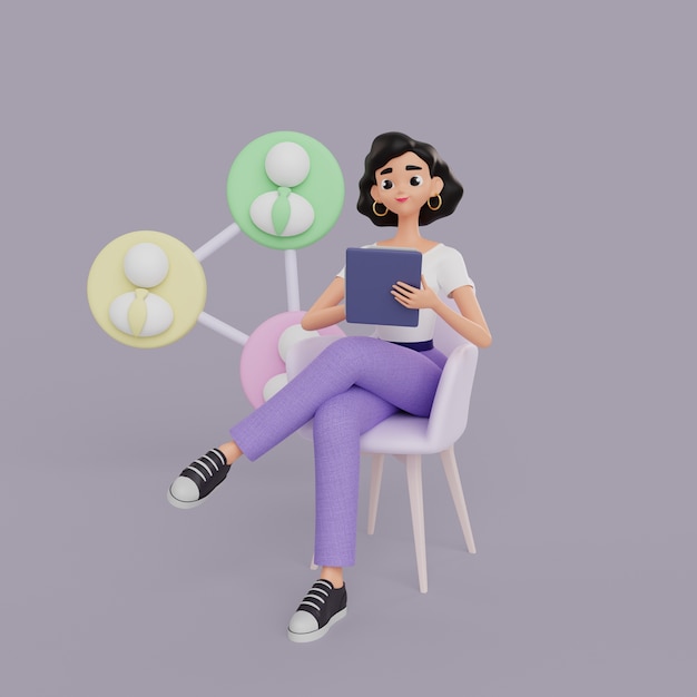 Ilustração 3d do personagem de designer gráfico feminino trabalhando no tablet