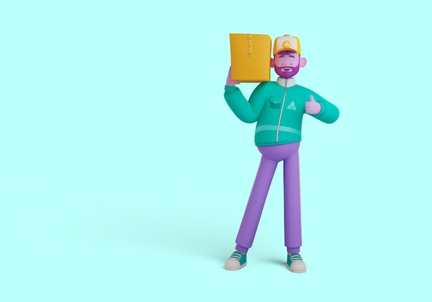 Ilustração 3d do personagem de entregador segurando a caixa e mostrando os polegares