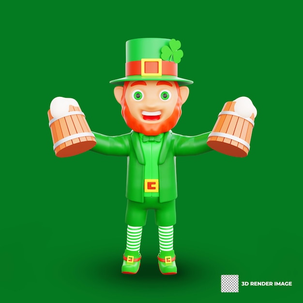 PSD ilustração 3d do personagem do dia de são patrício, um duende, segurando duas xícaras de cerveja de madeira