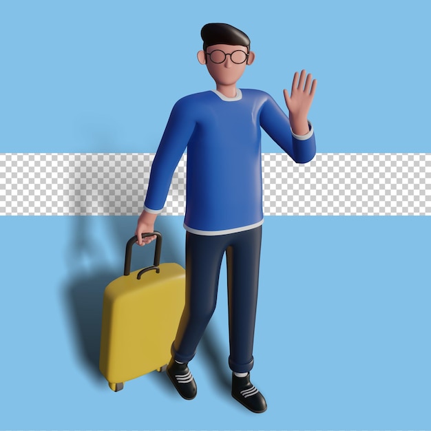 Ilustração 3d do personagem saindo de férias enquanto acena