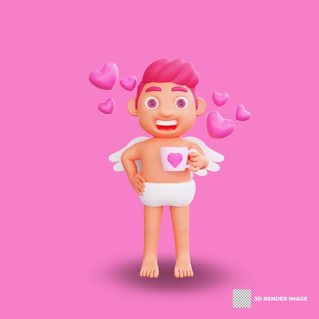 PSD ilustração 3d do personagem valentine cupid segurando um vidro em forma de amor