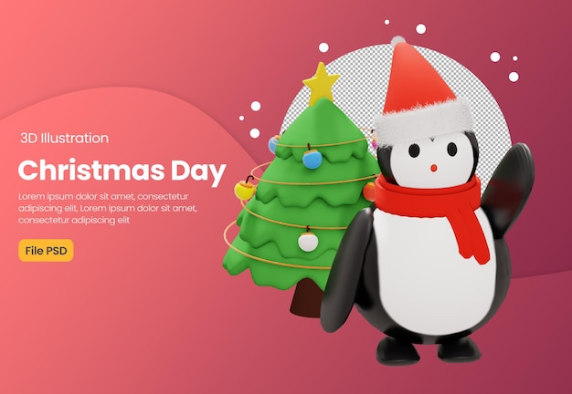 Ilustração 3d do pinguim com tema do dia de natal