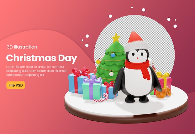 Ilustração 3d do pinguim com tema do dia de natal