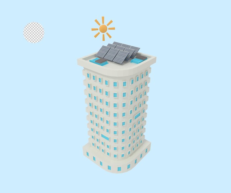 PSD ilustração 3d do prédio de apartamentos com painel solar