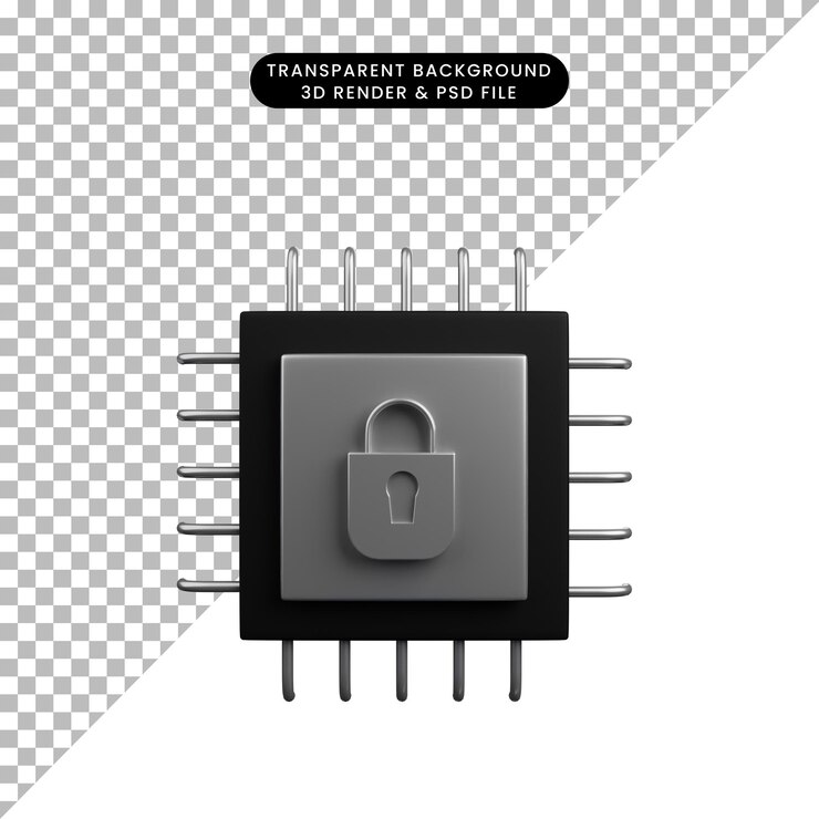 PSD ilustração 3d do processador de conceito de segurança e cadeado