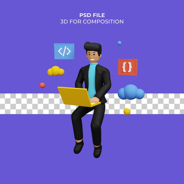 PSD ilustração 3d do programador trabalhando premium psd