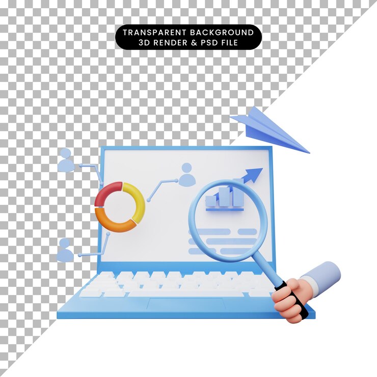 PSD ilustração 3d do relatório de análise de dados no laptop