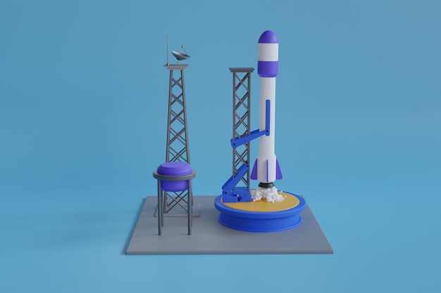 Ilustração 3D do sistema de lançamento espacial Um grande foguete espacial pronto para o lançamento Sistema de lançamento espacial