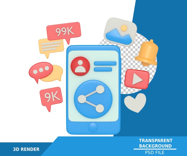ilustração 3D do status de compartilhamento nas mídias sociais com telefone