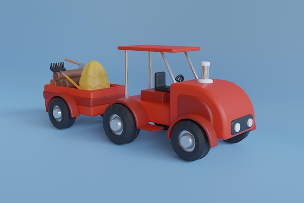 ilustração 3D do trator agrícola que colhe culturas O trator transporta a colheita e as ferramentas agrícolas