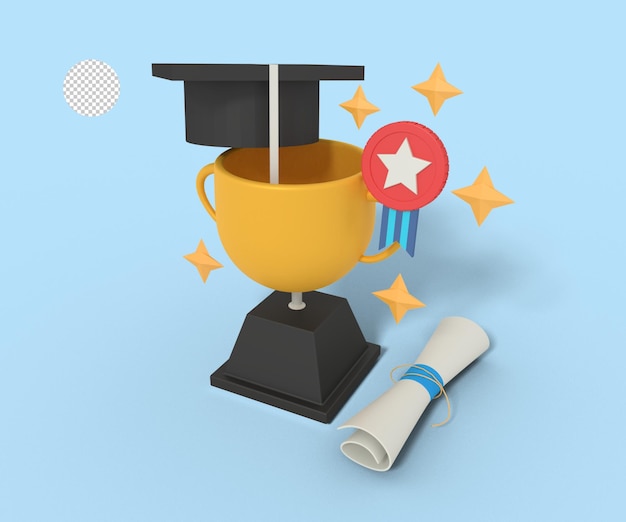 PSD ilustração 3d do troféu de educação de graduação