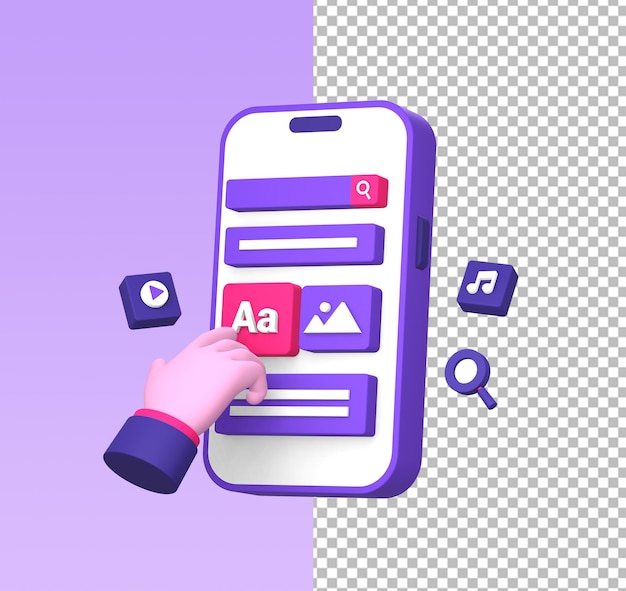 Ilustração 3D do uso de smartphone para videoclipe multimídia e criador de conteúdo com gesto manual