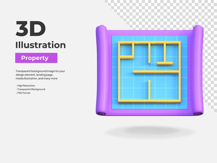 PSD ilustração 3d dos bens imobiliários do ícone da planta baixa da casa
