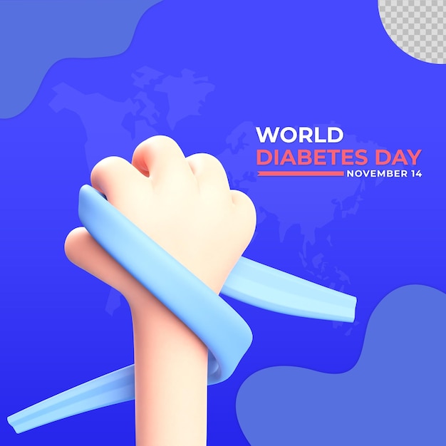 Ilustração 3d dos desenhos animados da mão do dia mundial do diabetes