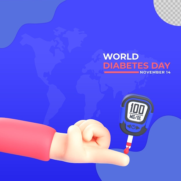 PSD ilustração 3d dos desenhos animados da mão do dia mundial do diabetes