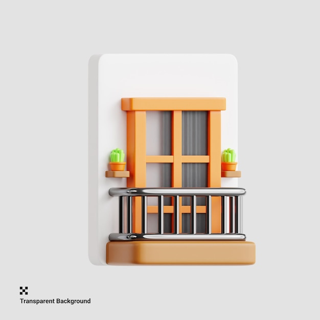 Ilustração 3D elegante da varanda com vista para a paisagem urbana
