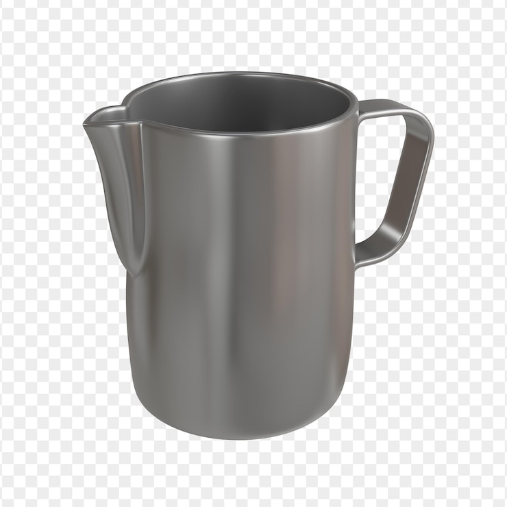PSD ilustração 3d em alto detalhe de um clássico jarro de espuma de leite barista em aço inoxidável polido