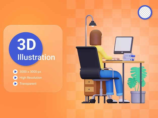 PSD ilustração 3d empregada feminina a trabalhar no escritório