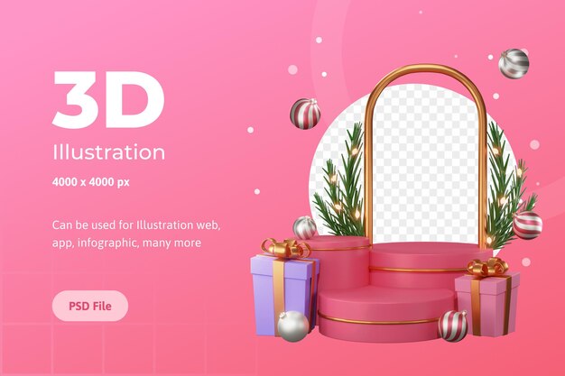 Ilustração 3d feliz natal, com pódio, lâmpada e caixa de prêmios, usada para web, app, banner, etc.