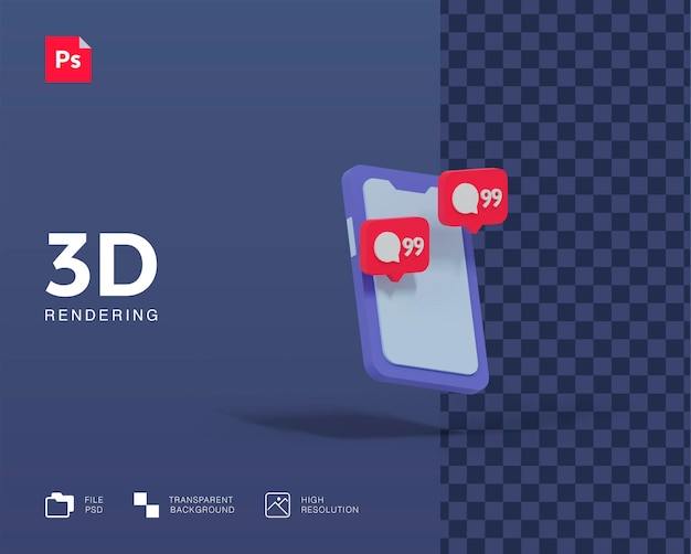 PSD ilustração 3d handphone com notificação