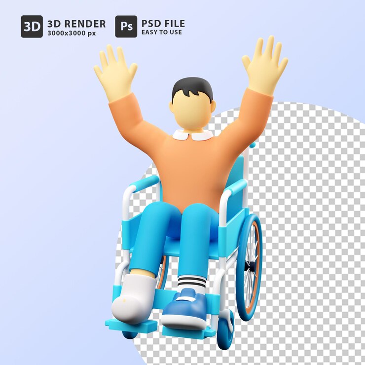 ilustração 3D homem ferido feliz na cadeira de rodas