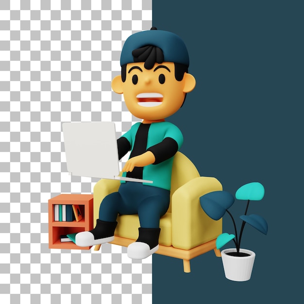 Ilustração 3d homem sentado no sofá com play laptop