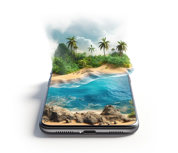 Ilustração 3d incomum de uma ilha tropical com palmeiras oceano azul e em um smartphone isolado